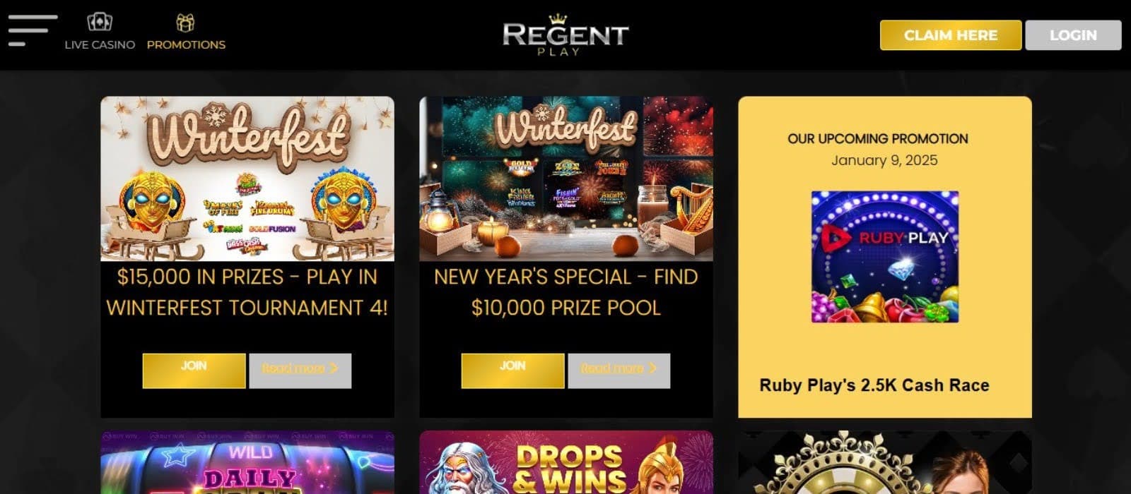 Regent Play Casino's promotions page, showing seasonal tournaments.