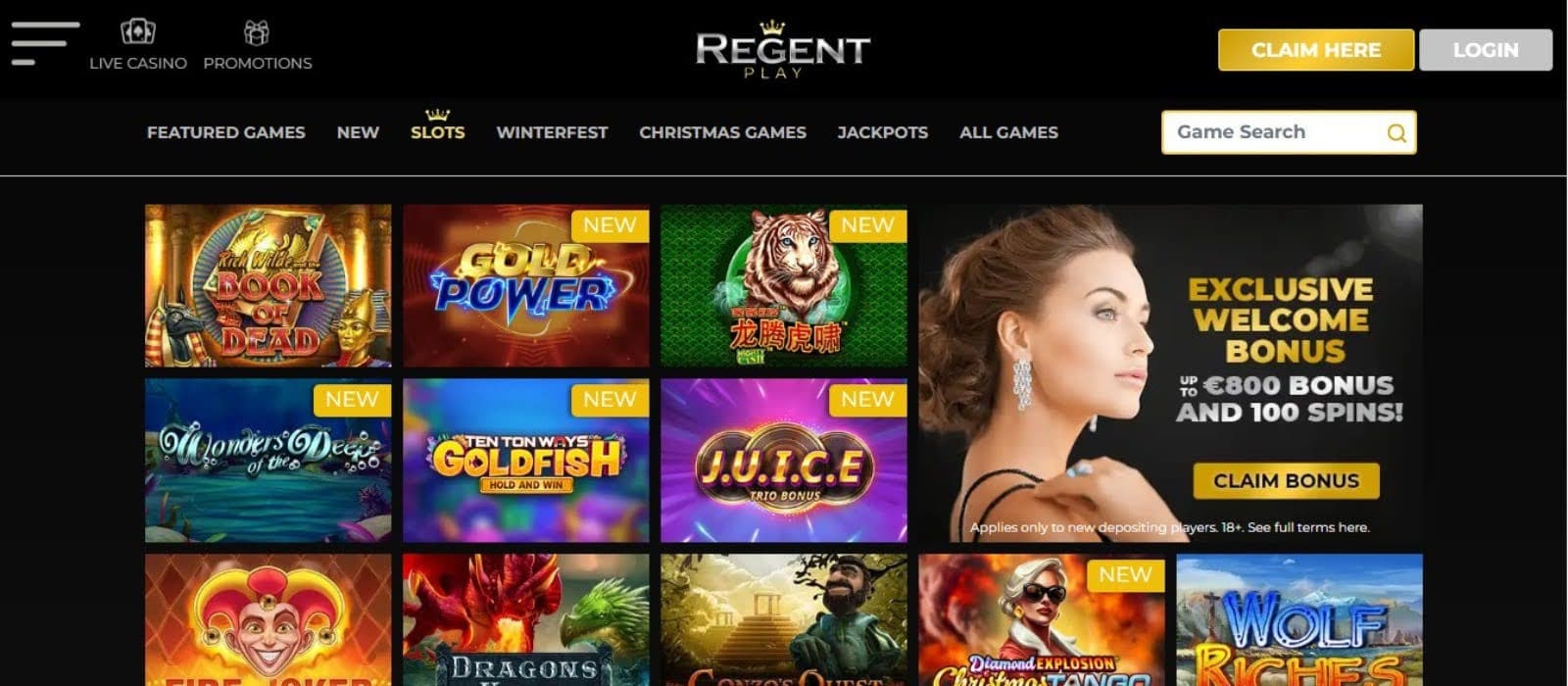 Regent Play Casino's slot games section, showing titles such as Book of Dead and other impressive games.