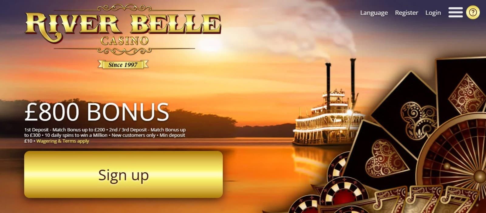 River Belle Casino's homepage, showing the welcome bonus and a sign-up button.