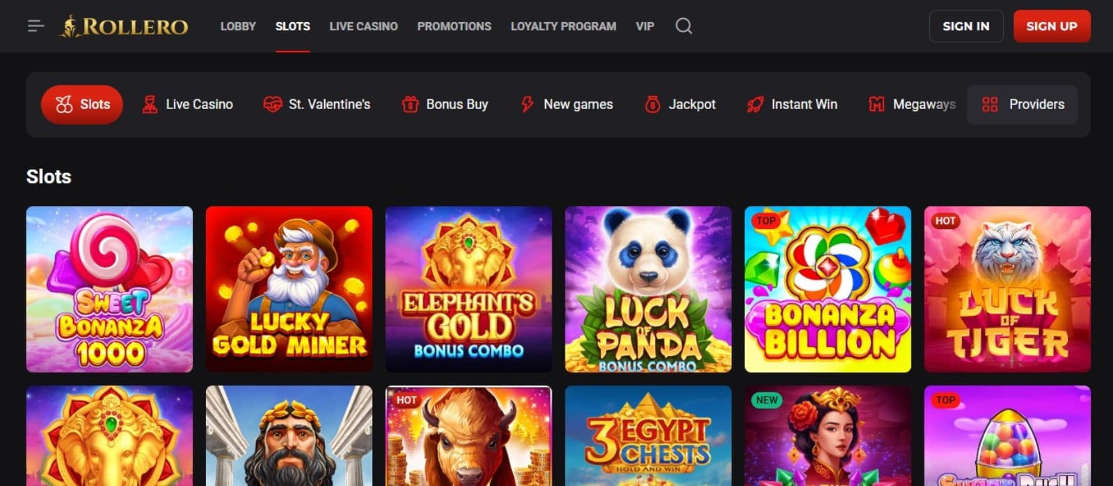 Rollero Casino's slot games section, showing exciting titles such as Sweet Bonanza 1000 and other impressive games.