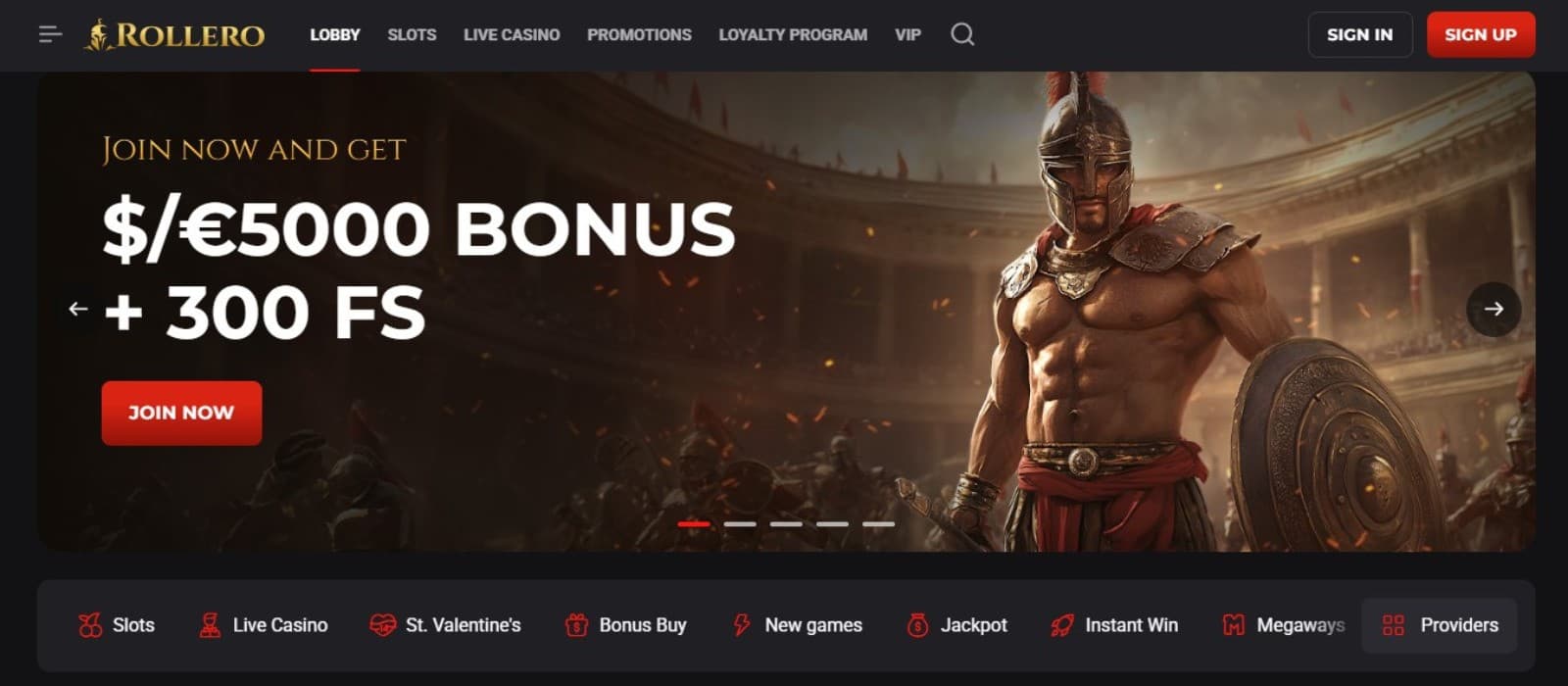 Rollero Casino's homepage, showing the welcome bonus and a game avatar.