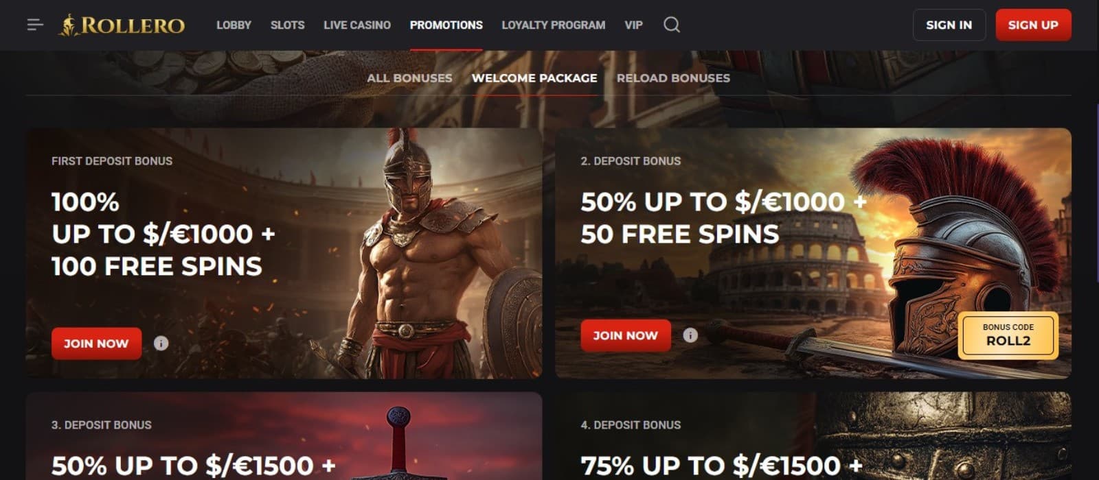 Rollero Casino's promotions page, showing the quadruple welcome package.