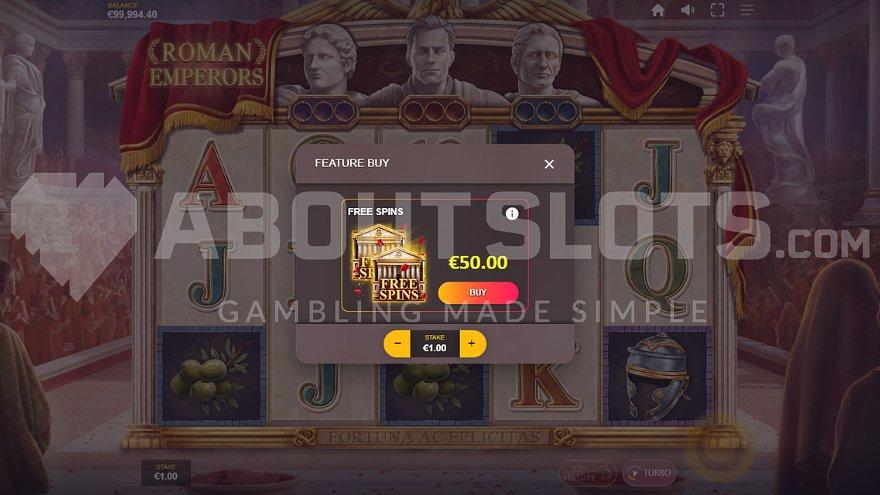 A screen offering the Free Spins for 50X the bet.