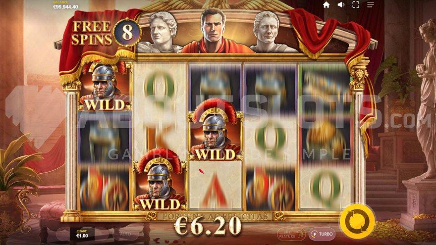 Wild soldier symbols on reels 1, 2, and 3 in the Free Spins.