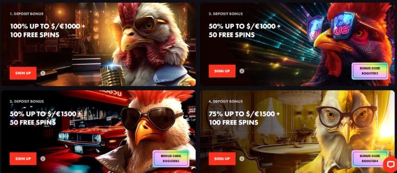 The promotion of Rooster Bet where four different thumbnails of roosters show with the four welcome bonuses.