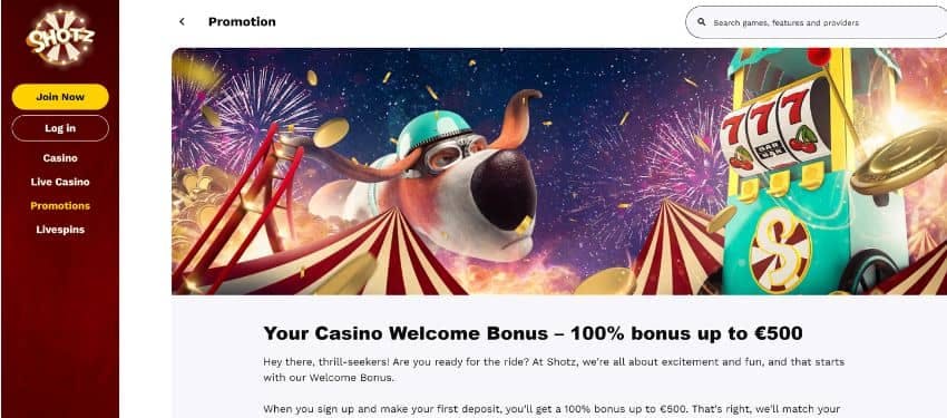 Cartoon character with illuminating background showcasing Shotz Casino 100% bonus of up to €500.