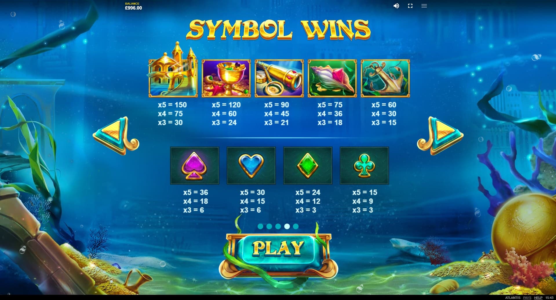 Atlantis Slot Paytable