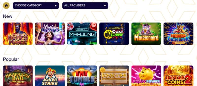 The gaming page for Ruby Vegas where new and popular games are displayed.