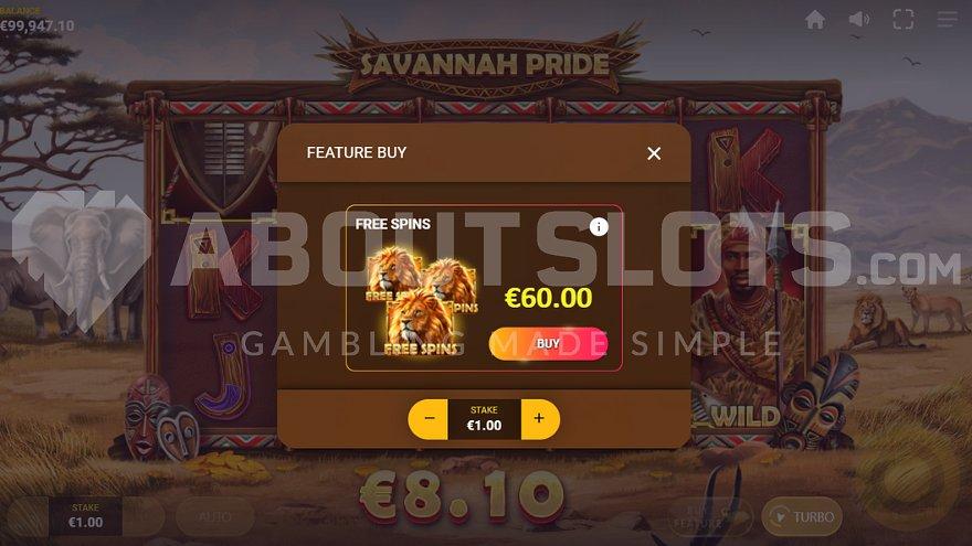 A screen offering the Free Spins for 60X the bet.