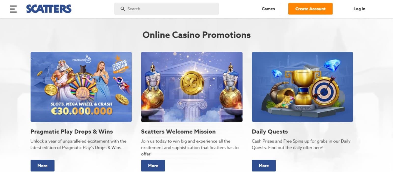 Scatters Casino's promotions page, showing the welcome bonus and other promotions.