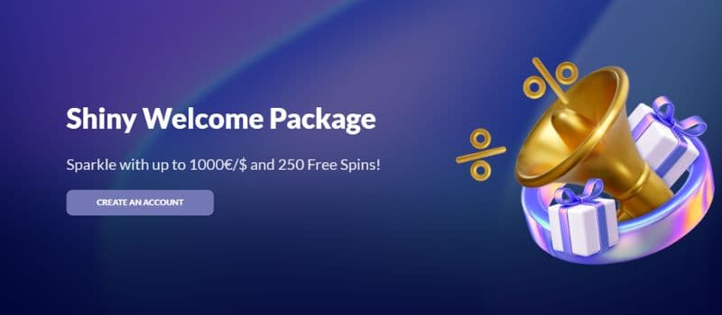 The welcome package at Shiny Wilds, which offers up to 1000 EUR + 250 free spins, is located in the center.