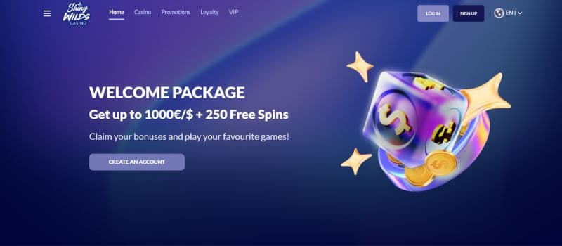 The main page for Shiny Wilds. A welcome package containing up to 1000 EUR + 250 free spins is in the center, and a menu is at the top.