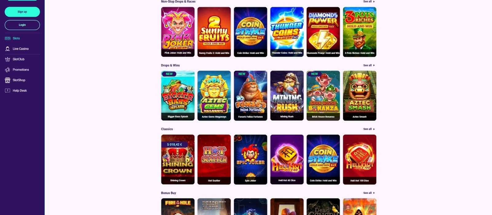 Slotbox Casino games page with some of the more popular slot games and the main menu visible on the left side. 