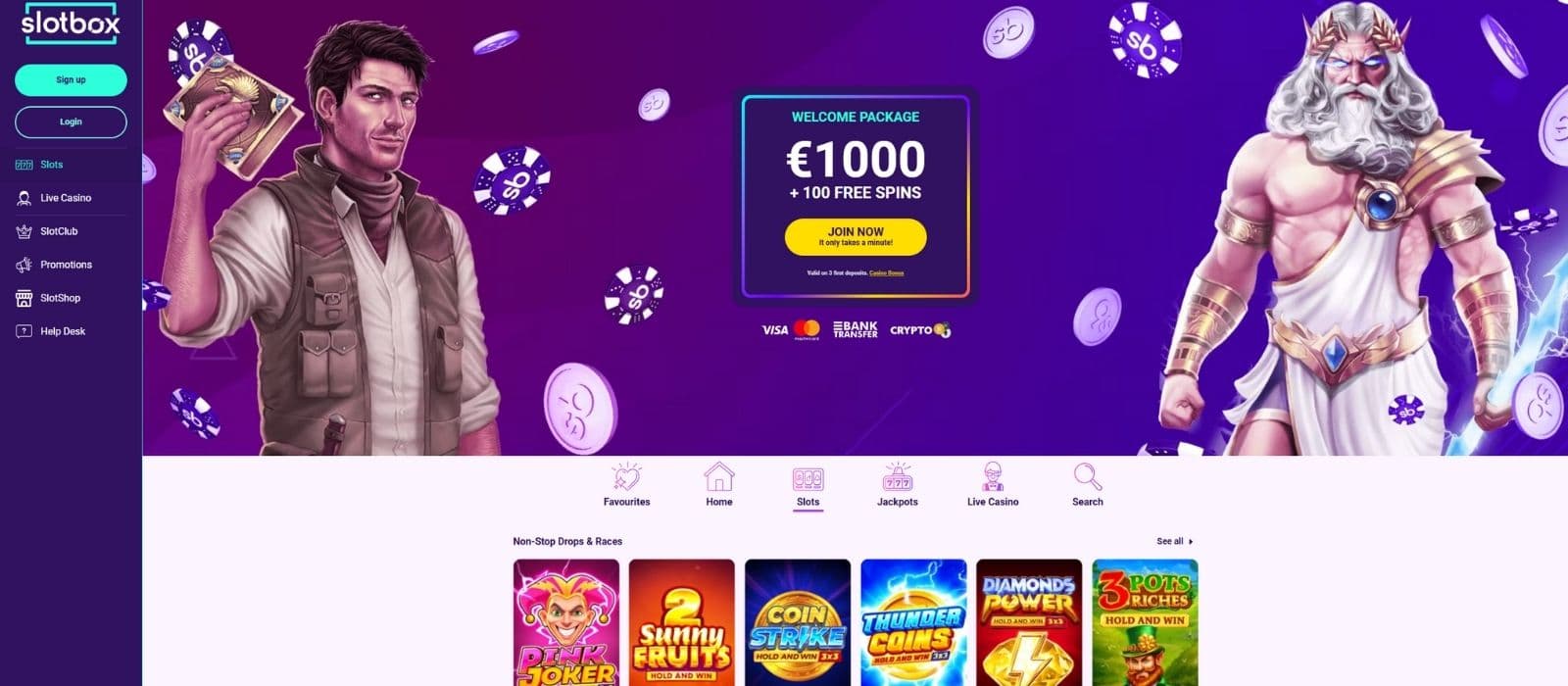 Slotbox Casino landing page with the casino welcome offer, game categories, a few slots and the main menu visible. 