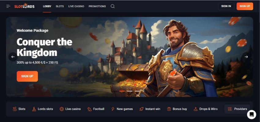 Slotlords Casino's homepage, showing a welcome package of €4,500 flanked by a game avatar.