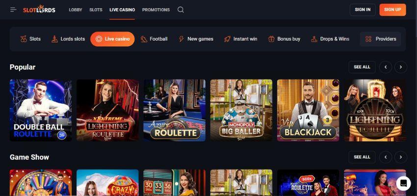 Slotlords Casino's live games, showing variations of roulette and blackjack.