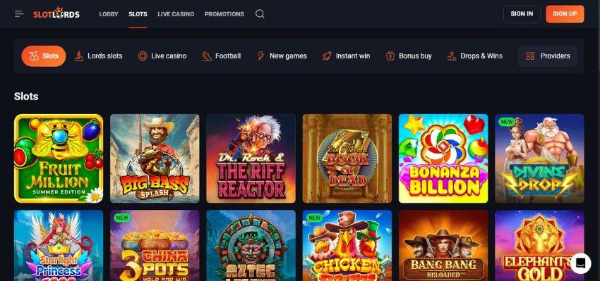 Slotlords Casino's slot category, showing titles such as Big Bass Splash and other games.