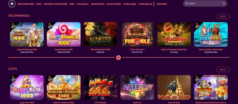 The gaming page for Slotparadise where several games thumbnails are displayed.