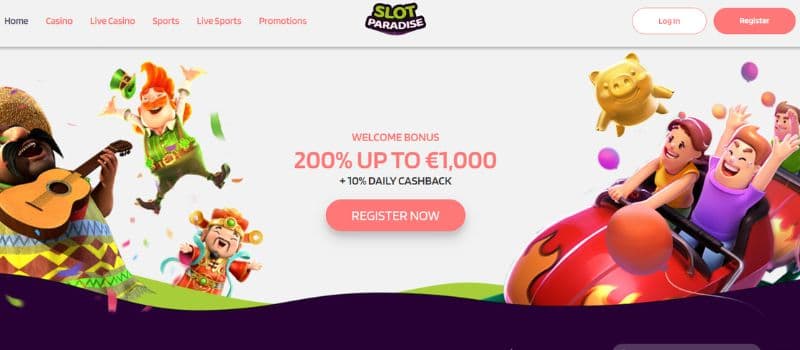 The main page for Slotparadise. At the center is a welcome bonus of 200% up to 1,000 EUR with gaming figures at both sides.