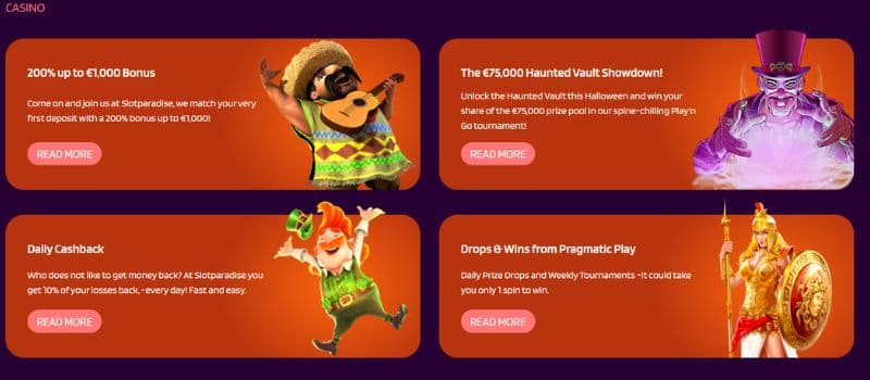 Four different thumbnails of rewards offered at Slotparadise.