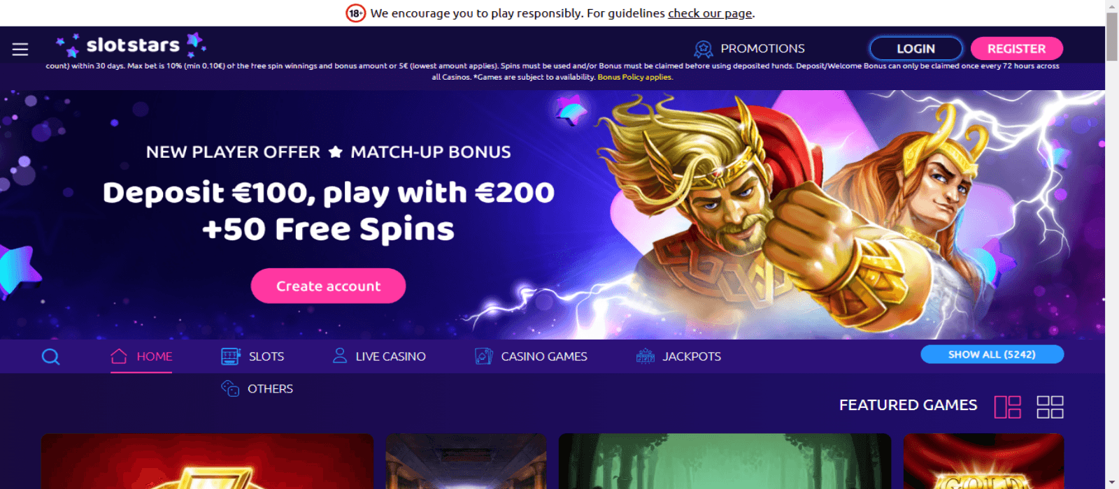 slotstars landing page with cartoon illustration and description of the welcome bonus