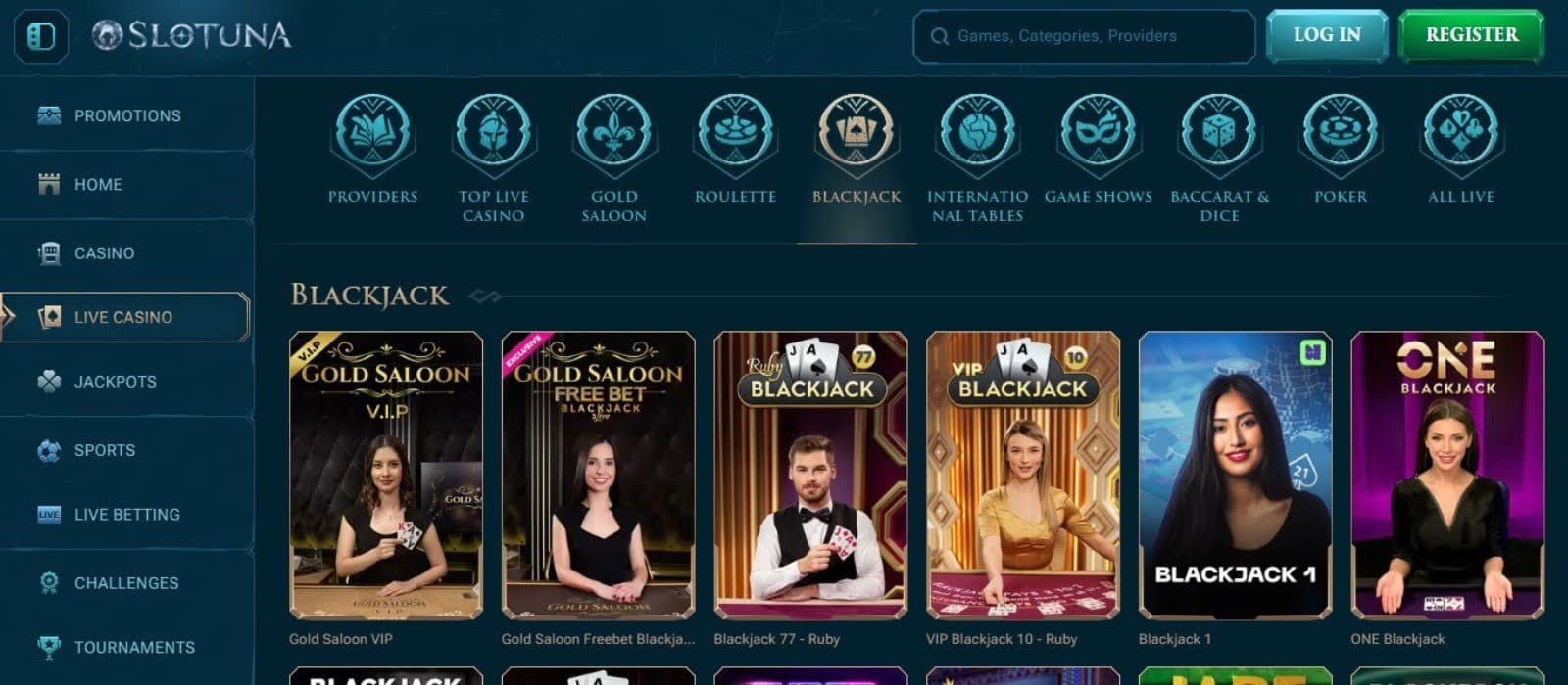 Slotuna Casino's live games section, showing variations of blackjack.