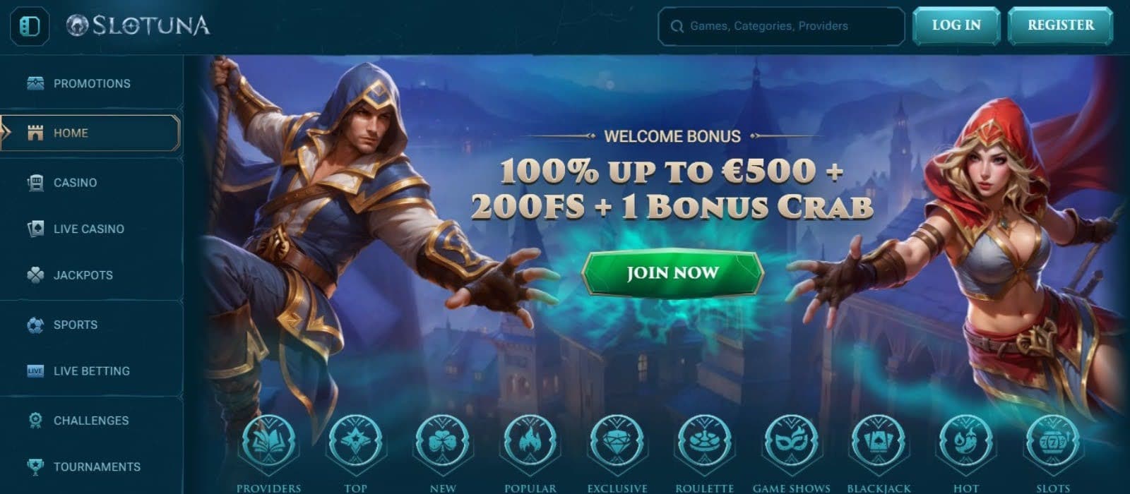 Slotuna Casino's homepage, showing the welcome bonus flanked by game avatars and a sidebar menu.