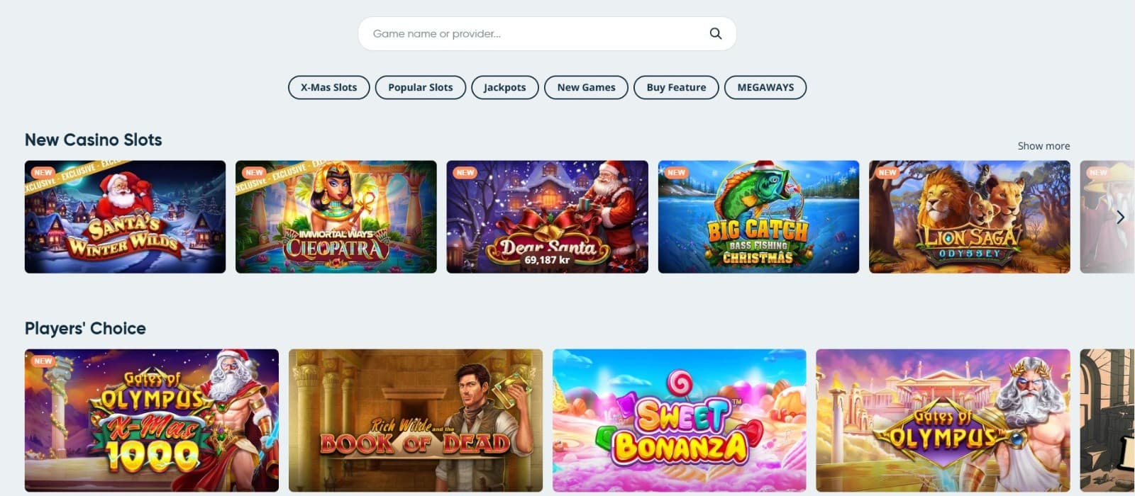 The games section of Speedy Casino displays a selection of new casino slots, such as Santa’s Winter Wilds, Immortal Ways Cleopatra, and more.