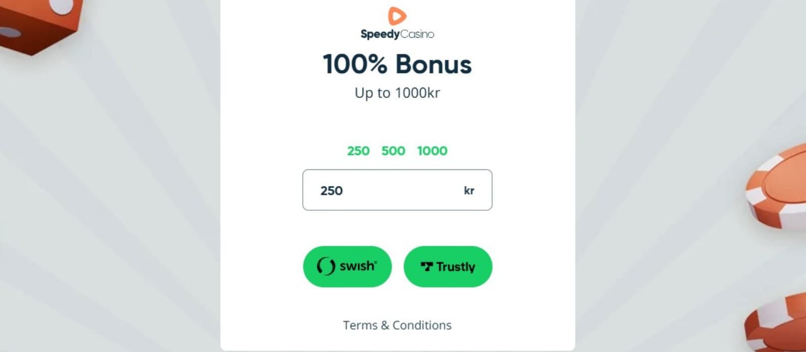 The landing page of Speedy Casino showcases the 100% bonus up to 100 EUR.