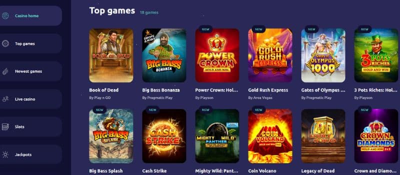 On SpinAway's gaming page, you can play several popular games, such as Book of Dead and Big Bass Bonanza.