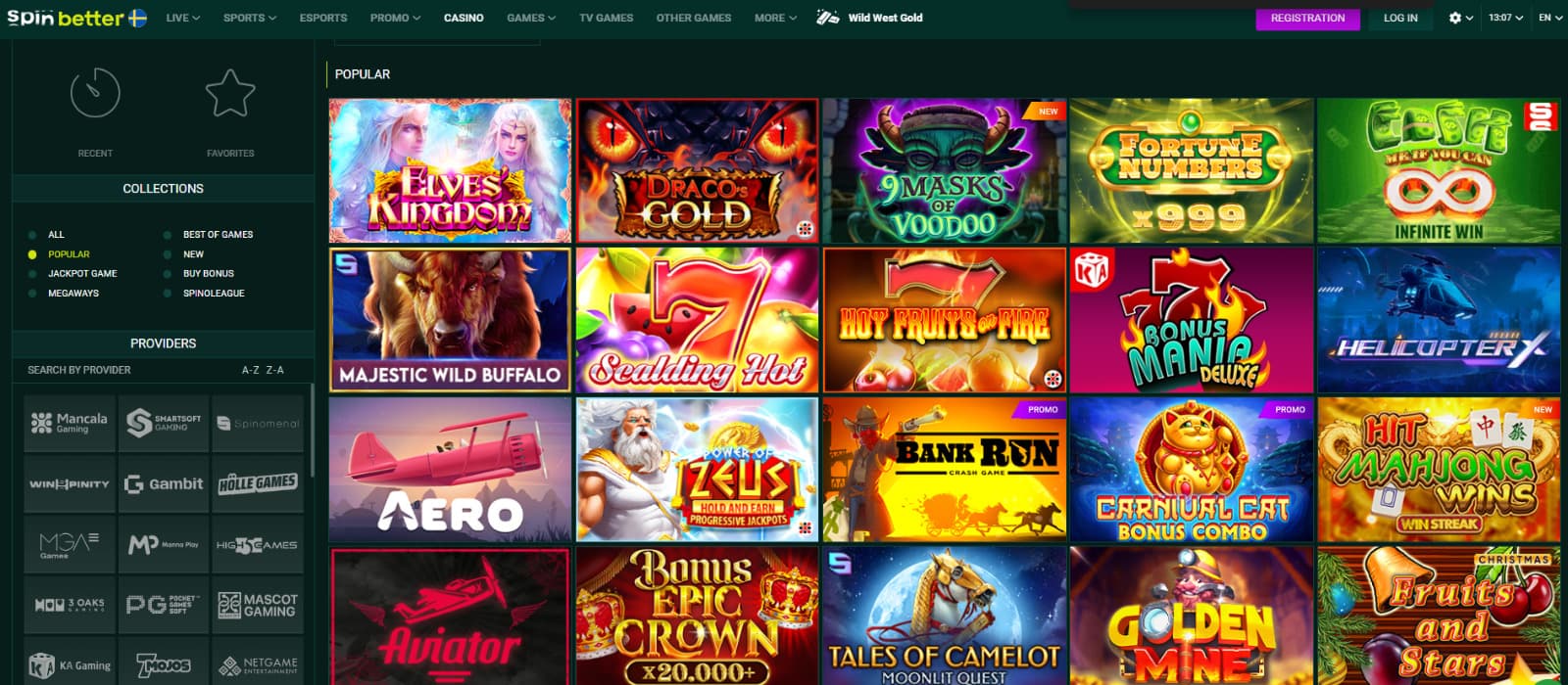 SpinBetter casino’s popular slots page with a list of game providers