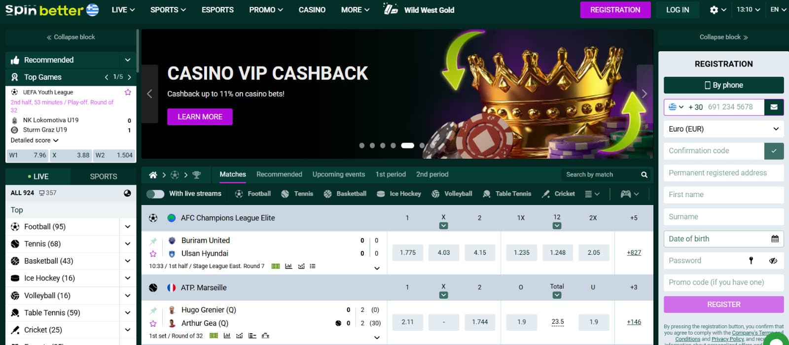 SpinBetter casino home page with Casino VIP Cashback promotion banner and sports betting matches