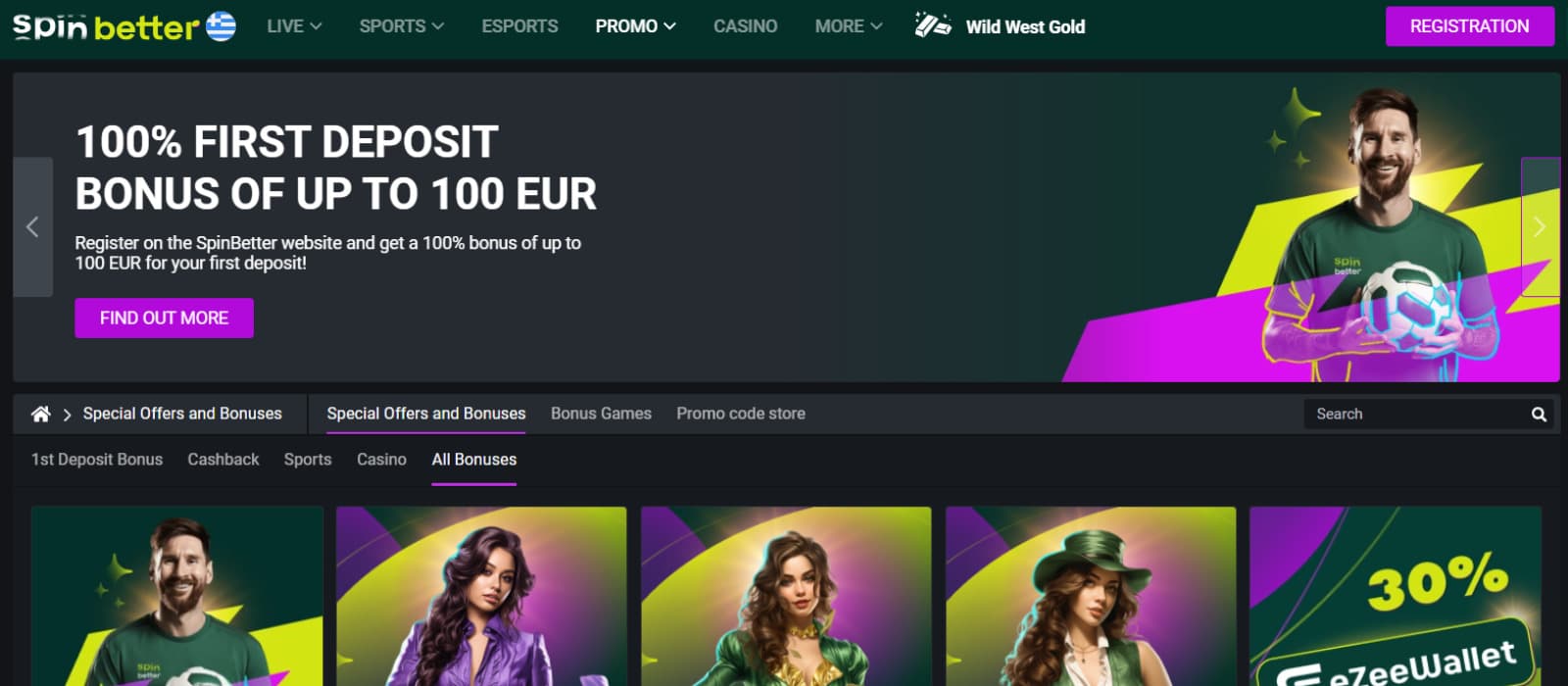 SpinBetter casino’s promo page with 100% first deposit bonus banner with Messi