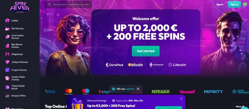 SpinFever Casino's main page shows one woman and one man with sunglasses and a welcome offer in between.