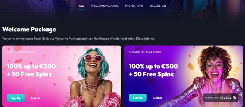 The promotion page at SpinFever with two different welcome offers.