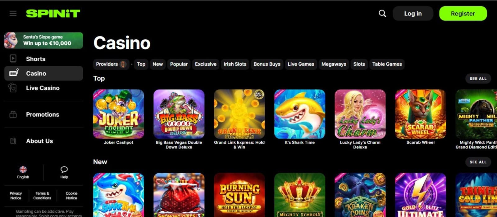 SPINiT Casino homepage, showing the top games and a sidebar menu.