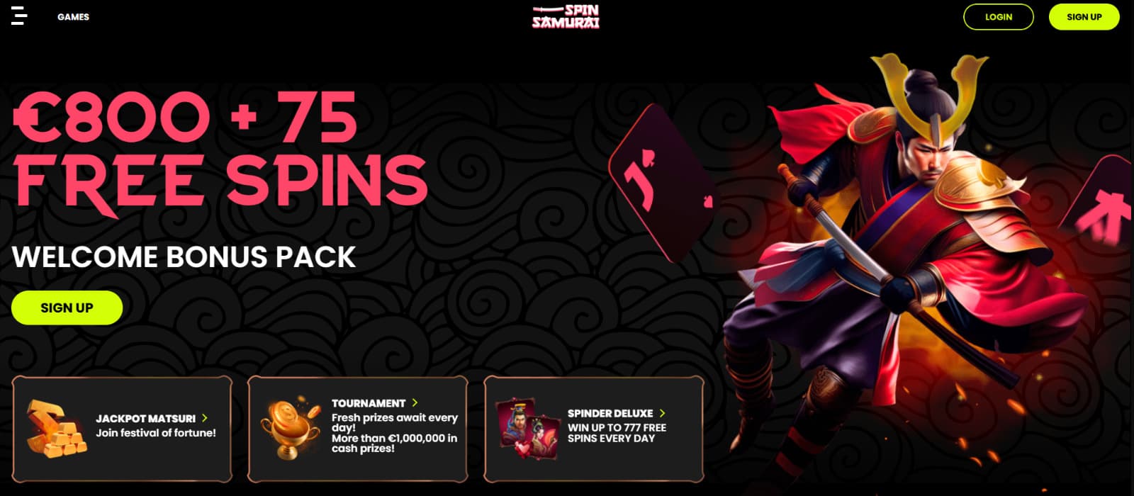 Spin Samurai Casino Landing page with Samurai warrior banner