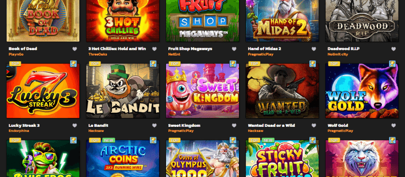 Wide selection of slot games with various themes and features.