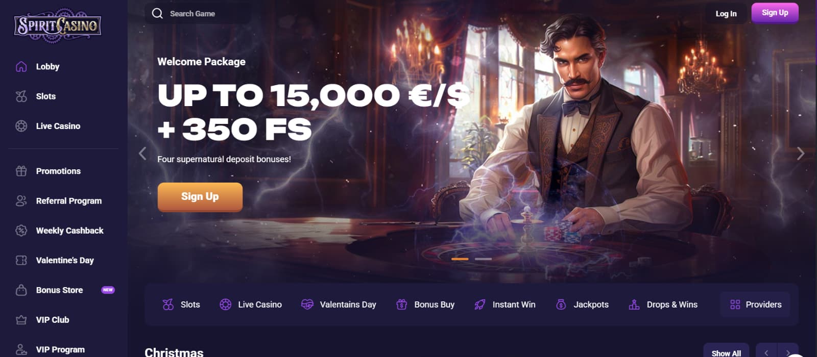 Spirit Casino landing page with steampunk-themed live dealer