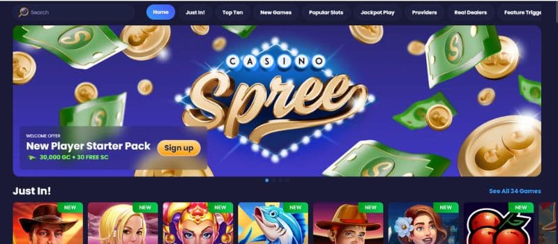 Spree’s homepage with a menu and a banner with a logo and money flying around. Some of the “just in” games are located at the bottom.