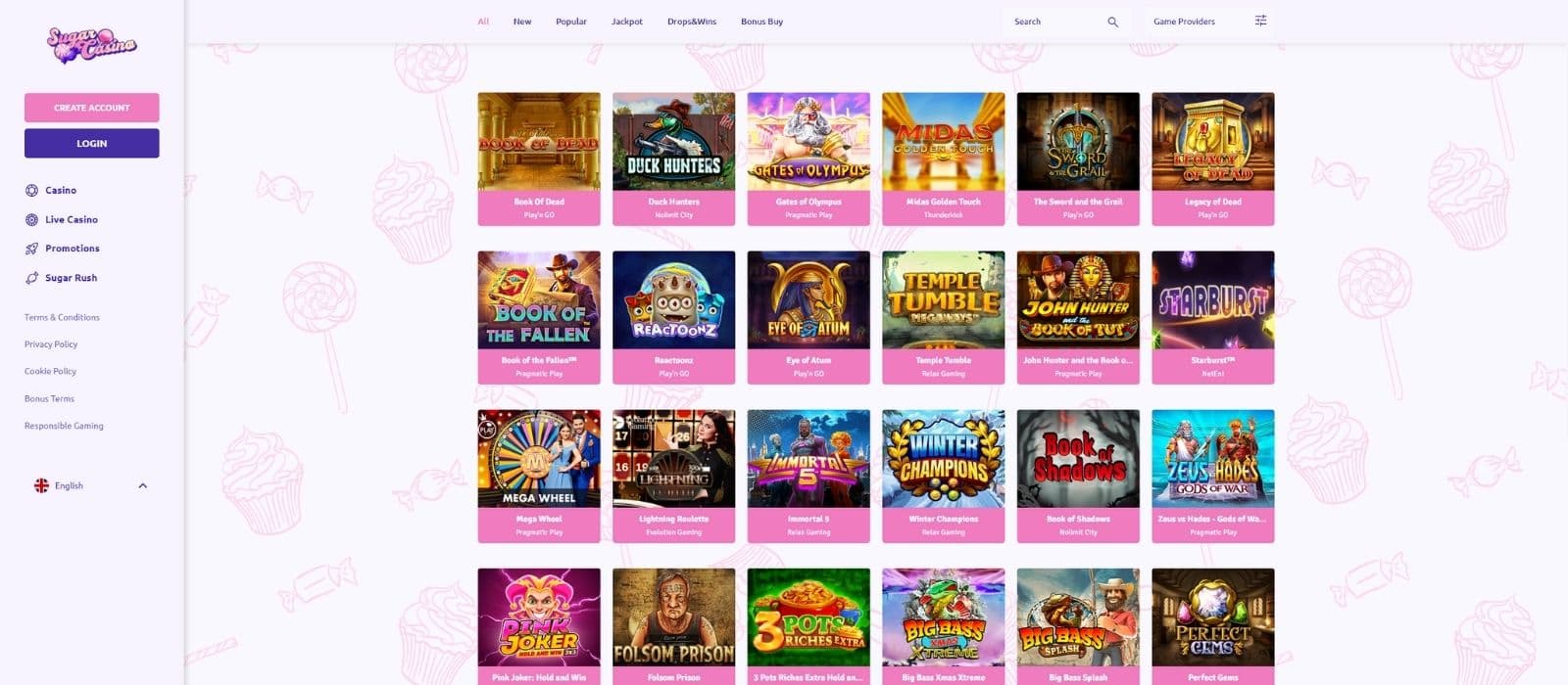 Sugar Casino games page showing a selection of casino games, different game categories on top, and the main menu on the left. 