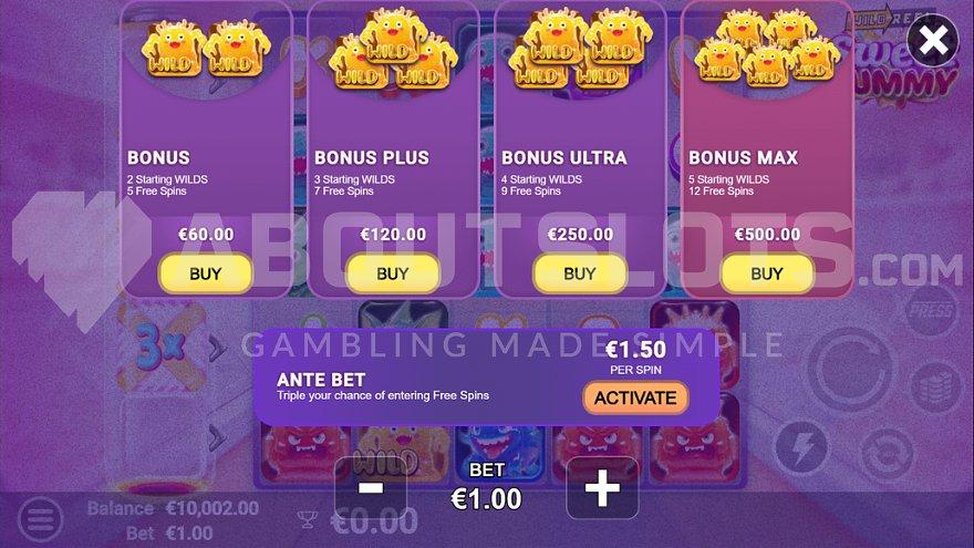 A screen offering the Free Spins for between 60X and 500X the bet.