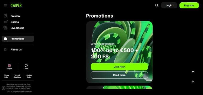 Swiper Casino's promotions page, showing the welcome bonus of up to €500 plus 200 free spins.