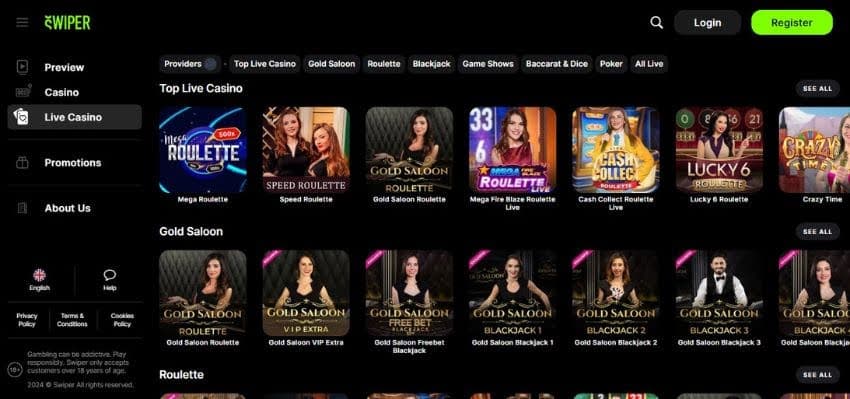 Swiper Casino's live games section, showing variations of roulette and blackjack.