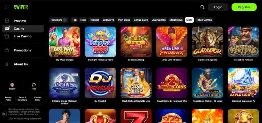 Swiper Casino's slots category, showing titles such as Starlight Princess 1000 and other games.