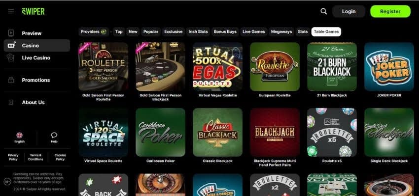 Swiper Casino's table games category, showing variations of roulette, blackjack, and poker.