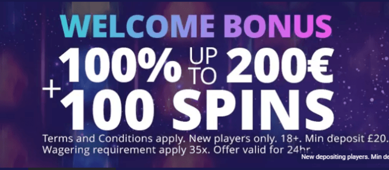 Spinson Casino's welcome bonus. 100% match bonus up to €200 + 100 free spins.