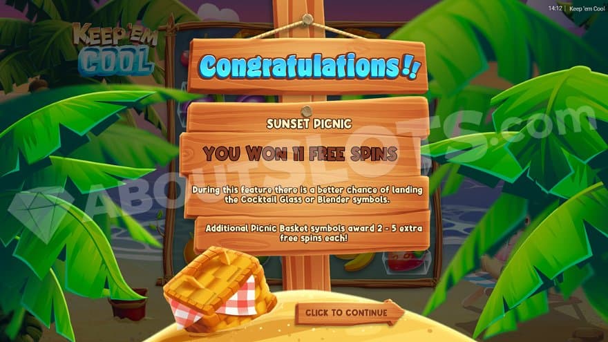 A sign saying "Sunset Picnic, You won 11 Free Spins."