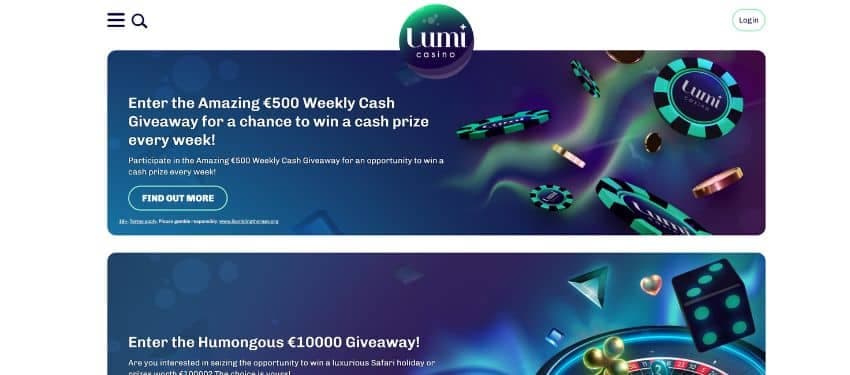 Lumi casino promotions page showing the giveaway cash prize offer banner