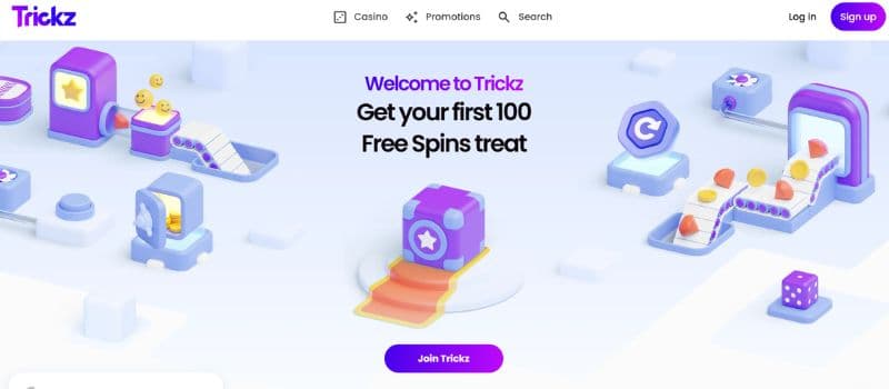 The main page for Trickz Casino where you can log in or sign up.